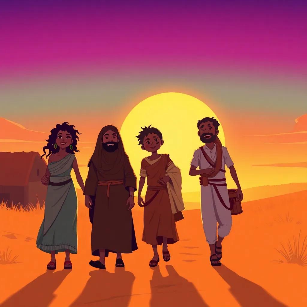 A joyful ending scene with Juhha, the judge, and the merchant walking together with smiles, the sun setting in the background, symbolizing warmth and companionship.