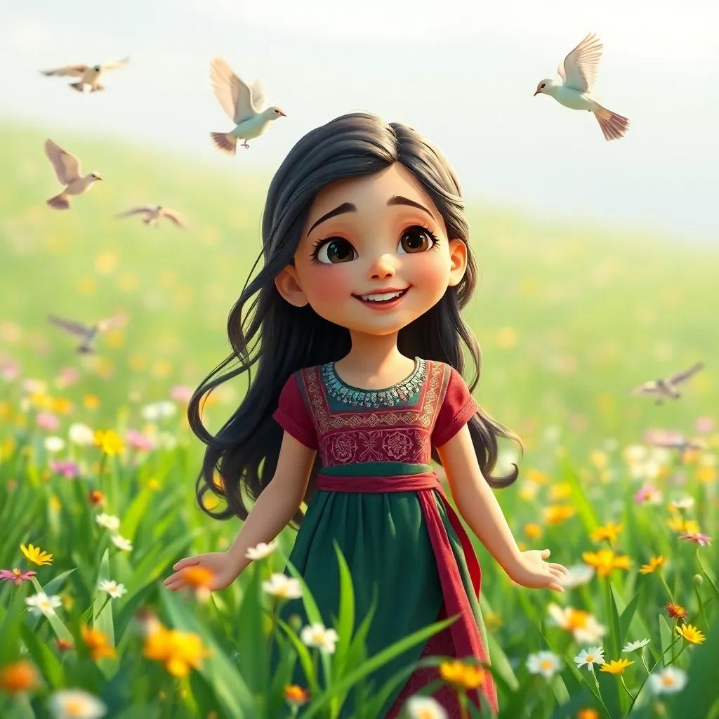 A young Arab girl, a representation of Grandmother, with long, dark hair wearing a traditional dress, playing in a green field full of flowers with birds singing around her, digital art, bright colors, joyful atmosphere, high quality