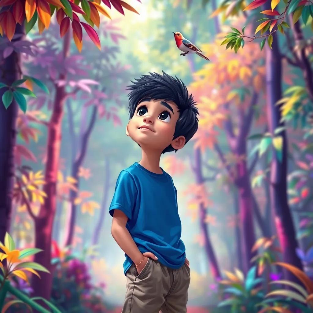 A young Arabic boy, Sami, with short black hair, wearing a blue t-shirt and khaki shorts, standing in a colorful forest, looking up at a singing bird on a branch, digital art, vibrant colors, cheerful atmosphere, high quality