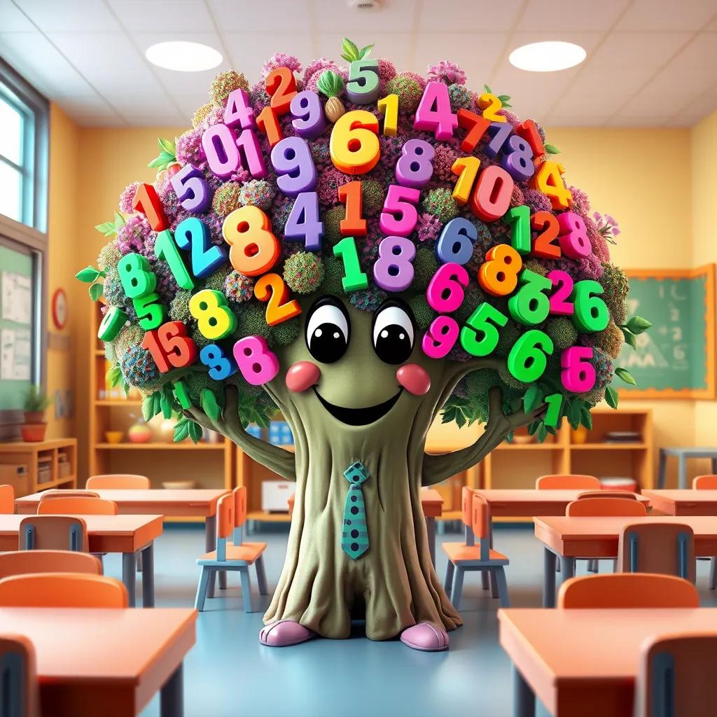 A happy multiplication table character, resembling a big, friendly tree filled with branches of numbers, in a colorful classroom, children's art style, cheerful atmosphere, vibrant colors, high quality