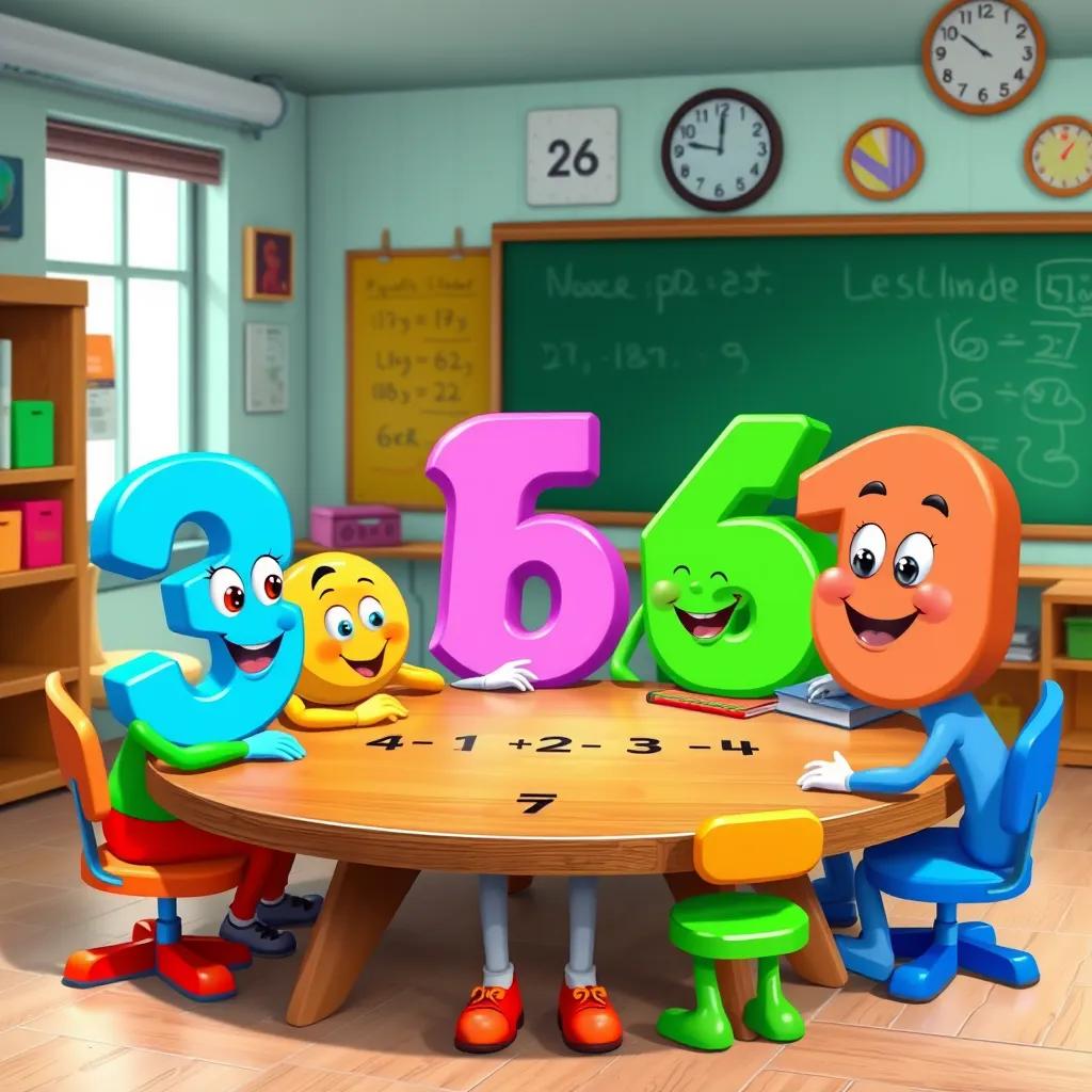 Numbers gathering around the multiplication table, smiling and helping each other learn, in a lively school environment, whimsical style, bright colors, engaging composition, child-friendly