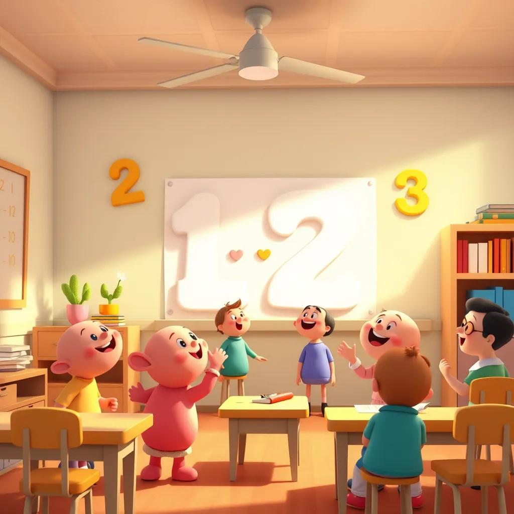 Other numbers joyfully teaching number 12 the magic words of multiplication, in a fun and creative classroom, playful art style, warm colors, inviting feel, high detail