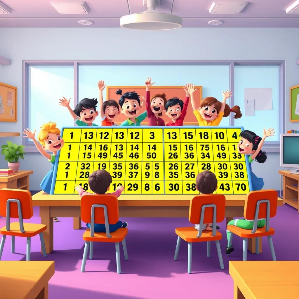 The multiplication table filled with all its numbers, celebrating successes together in a cheerful classroom, vibrant and happy illustration, lively environment, bright colors, uplifting atmosphere
