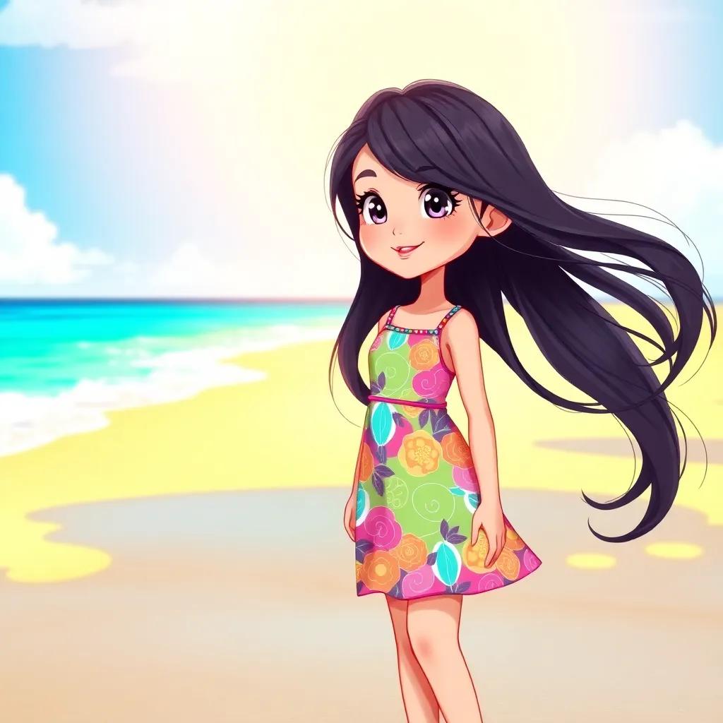 A beautiful girl, سندس, with long dark hair wearing a colorful dress, standing on a bright sunny beach with golden sand and clear blue water, digital art, vibrant colors, cheerful atmosphere, high quality