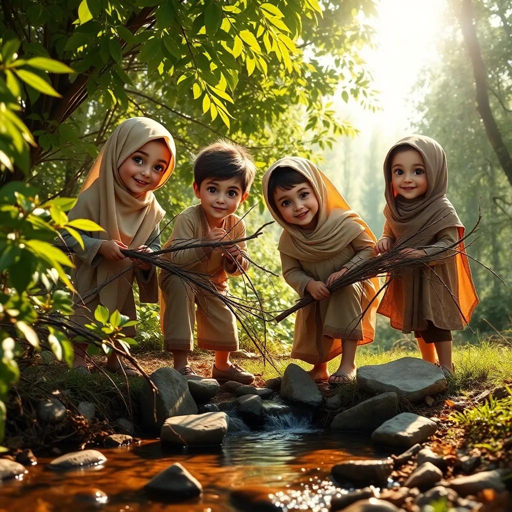 The four children, Salma, Adam, Laila, and Sami, gathering branches and stones by a small stream, with smiles on their faces, showing teamwork. Bright sunlight filters through the leaves, creating a magical glow, detailed, whimsical style.