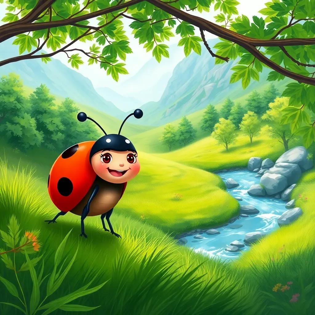 A cheerful ladybug, Rannan, with red and black spots, looking excited in a green valley near a small river, surrounded by lush trees, beautiful scenery, digital art, vibrant colors, joyful atmosphere, high quality