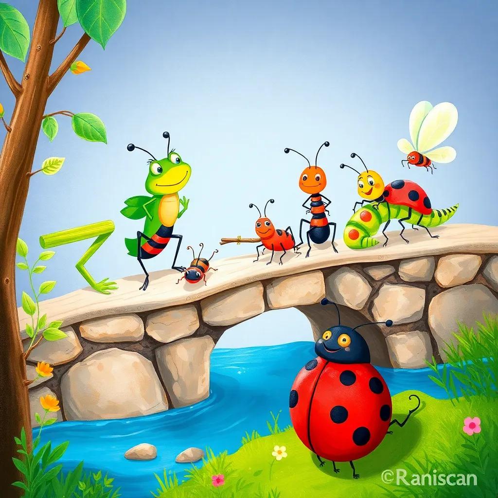 A group of insects working together to build a bridge, with a green frog, Karkor, jumping nearby, a tiny ant, Nuno, cutting twigs, a smart caterpillar, Basbus, arranging pieces, and a happy ladybug, Rannan, flying, colorful, teamwork theme, bright light, detailed, child-friendly