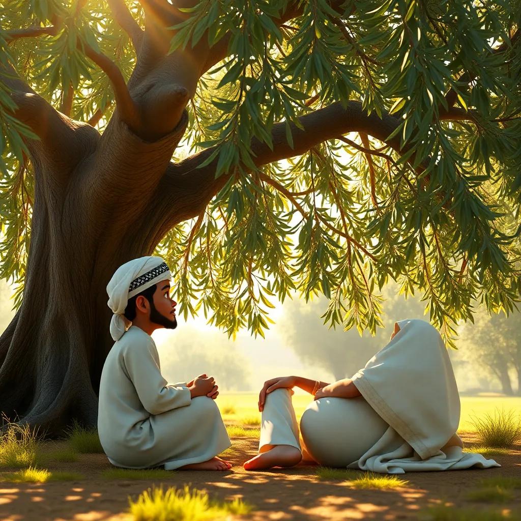 A young Arab boy, Abdullah, sitting under a large olive tree, listening attentively to a wise man, both are engaged in a deep conversation, warm sunlight filtering through the leaves, vibrant greens and browns, peaceful atmosphere, high quality