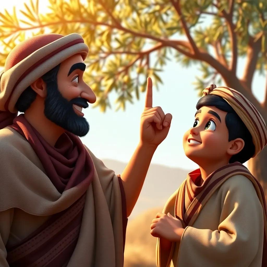 Abdullah, a young Arab boy, eagerly asking questions to the wise man, both with warm smiles, the wise man pointing towards the sky, with the olive tree in the background, soft lighting, inviting colors, uplifting atmosphere, high quality