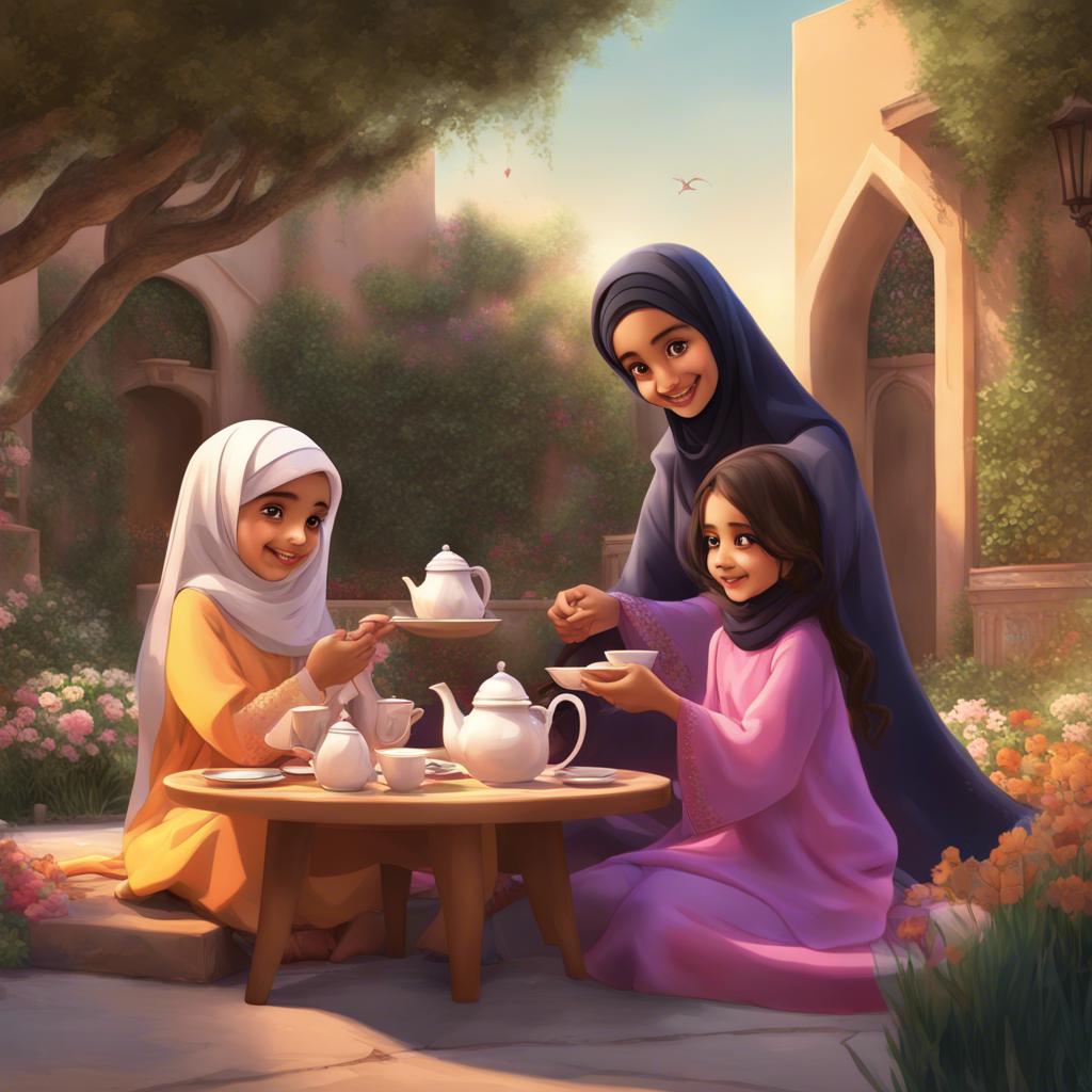 A young Emirati girl, Bintah, with long dark hair wearing a bright colored abaya, sitting in a garden with her younger sister, Amina, a 6-year-old Emirati girl wearing a matching dress, having tea with their mother, Salama, with a warm smile, traditional decor, daylight, inviting atmosphere, detailed digital art
