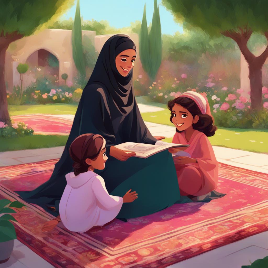 Salama, an Emirati woman in her 30s wearing a beautiful abaya, explaining traditions to her daughters, sitting on a carpet in a lush garden, detailed illustration, bright colors, educational theme, cheerful