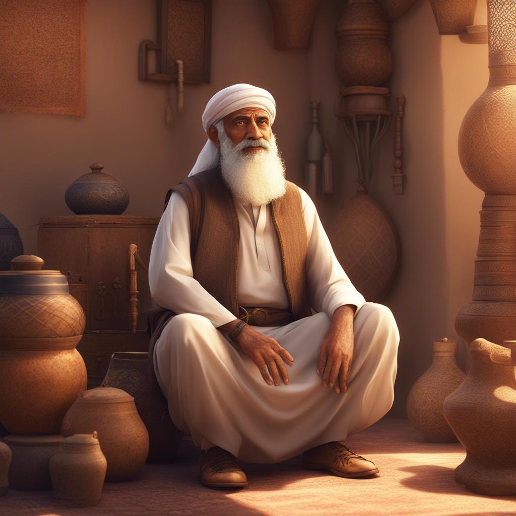 Sund, an elderly Emirati man with a white beard and traditional dress, talking about heritage with a serious yet loving expression, surrounded by cultural artifacts, natural light, warm atmosphere, storytelling scene