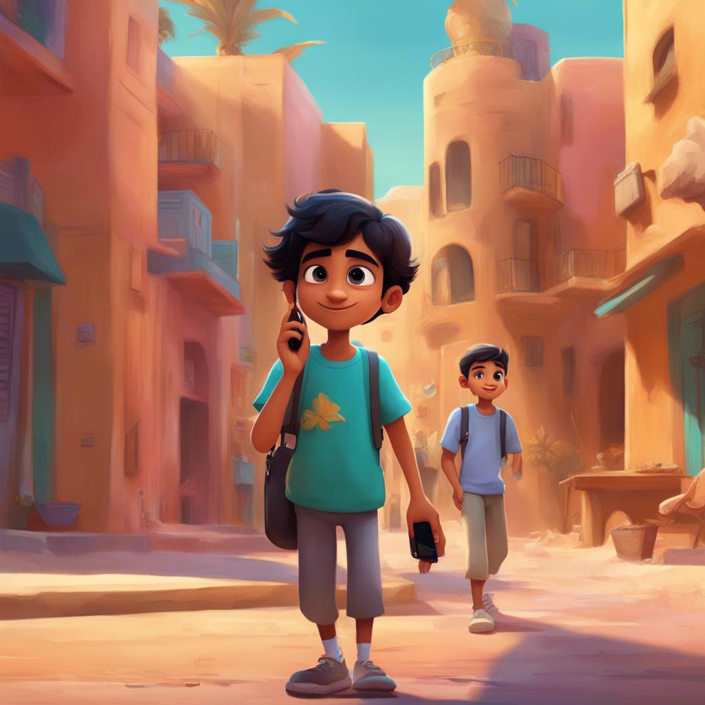 Mohammed, a 12-year-old Emirati boy with short black hair, wearing casual clothes, entering the scene with a mobile phone in one hand, waving with the other hand, concerned grandfather in the background, bright colors, dynamic perspective, engaging