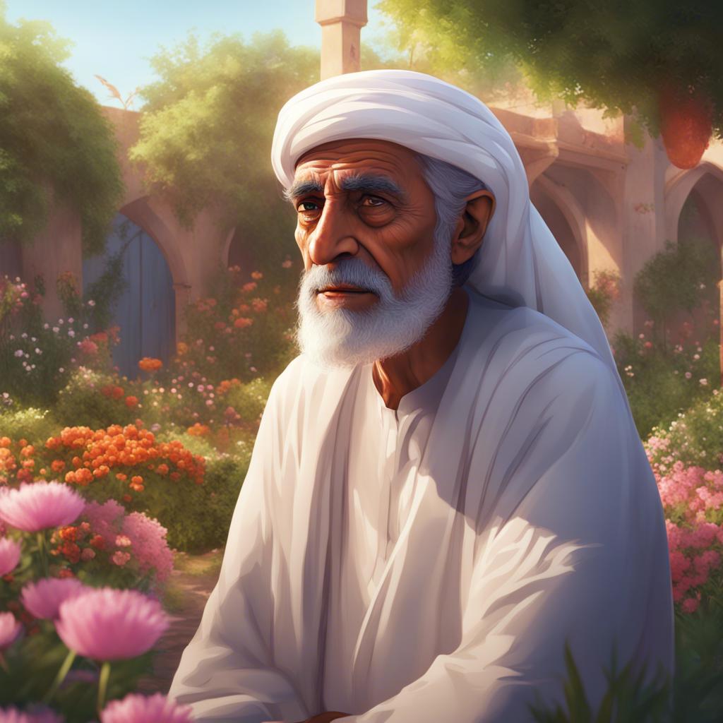 Sund, an elderly Emirati man looking sternly at Mohammed, with the garden in the background filled with flowers and greenery, detailed portrait, expressive, vibrant light, emotional atmosphere