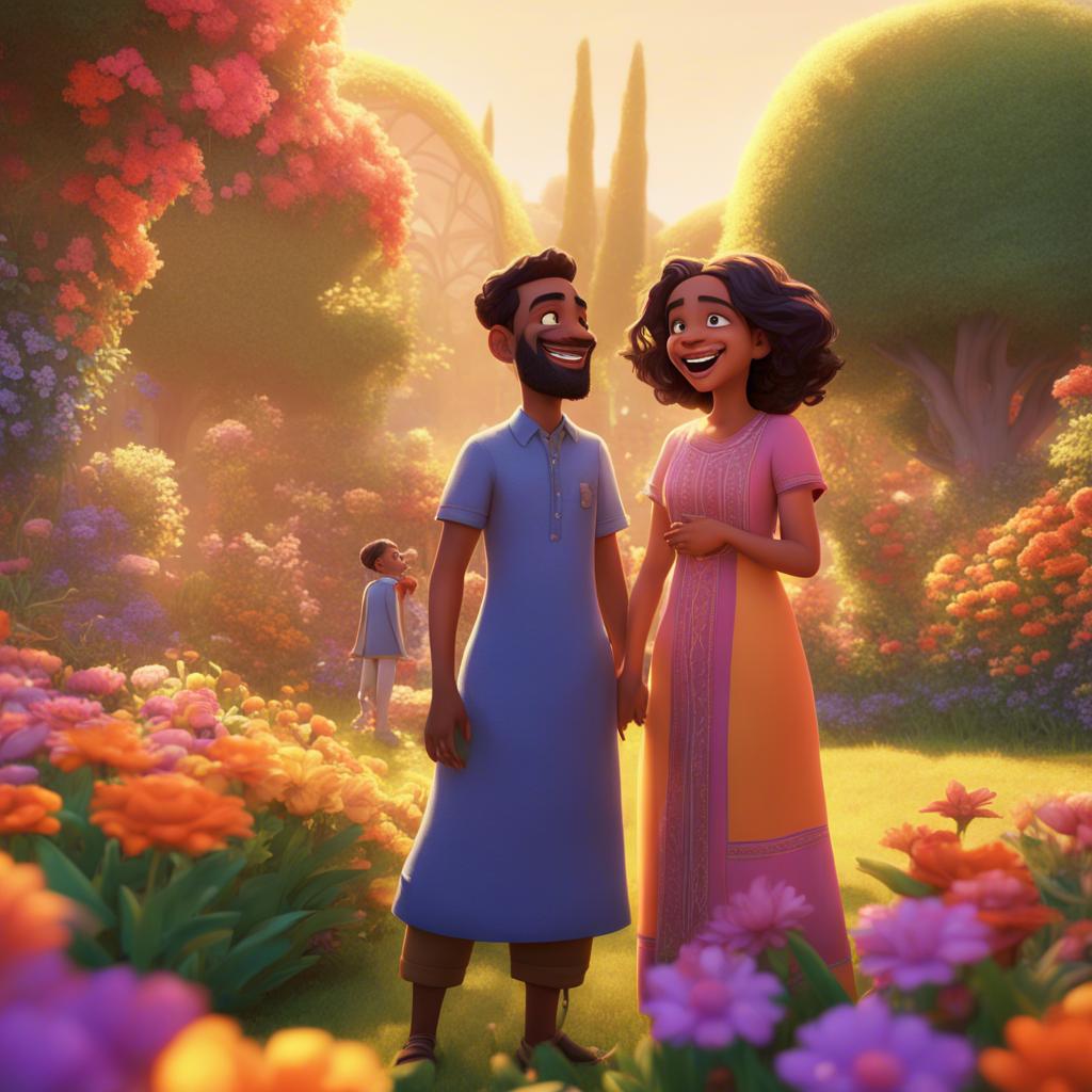 Bintah and Amina share a laugh while looking at Mohammed, both wearing colorful dresses, surrounded by bright flowers in the garden, cheerful scene, warm light, high-quality digital art
