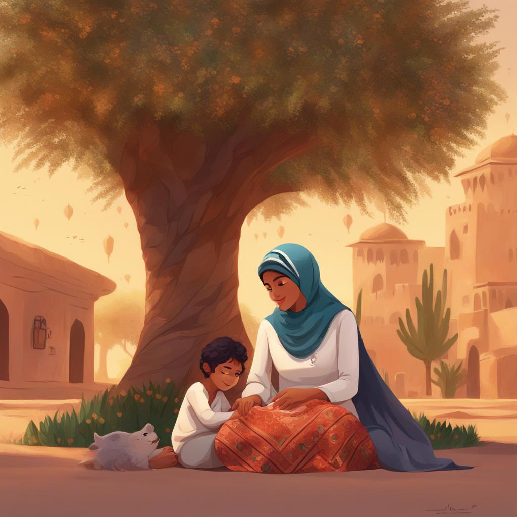 Salama, an Emirati mother gently reminding her children about family values, sitting under a tree with traditional patterns, warm expression, colorful, nurturing atmosphere, artful illustration