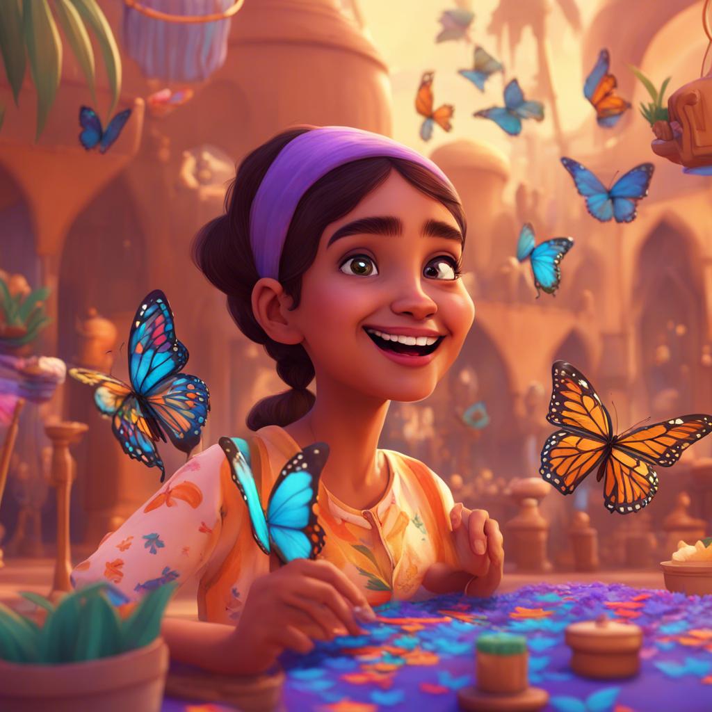 A whimsical scenario where Amina suggests playing a game about Emirati traditions, colorful butterflies around, cheerful faces, playful setting, vibrant and lively colors, joyful art