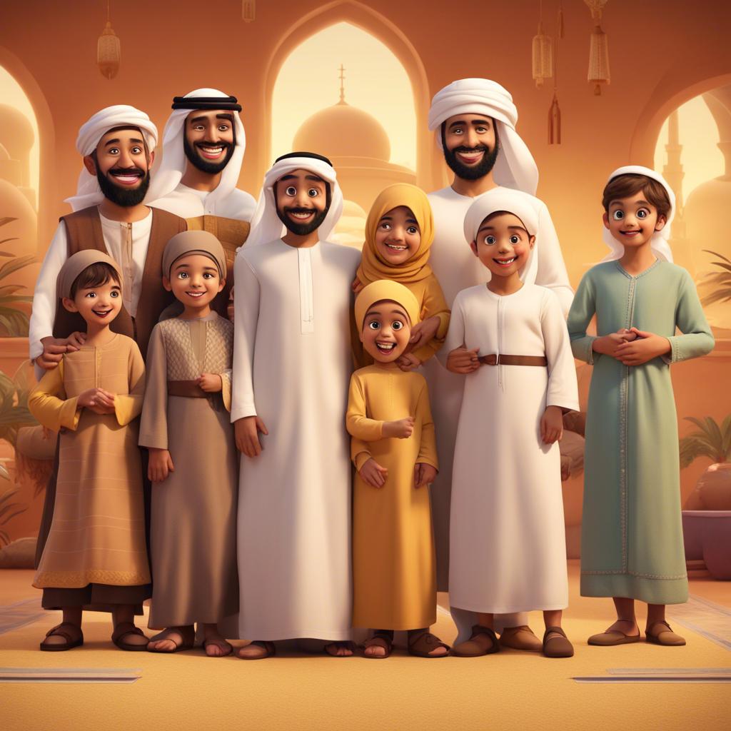 The family enthusiastically acting out a play about Emirati heritage, everyone in traditional clothing, bright backdrop, laughter and fun, high quality and engaging digital art