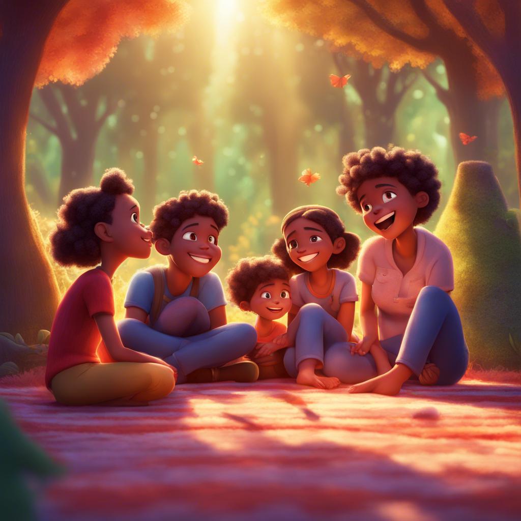 A heartwarming scene of Bintah, Amina, and their family enjoying their time together, sharing stories, sitting on a soft carpet with sunlight filtering through the trees, vibrant colors, happy expressions, child-friendly atmosphere