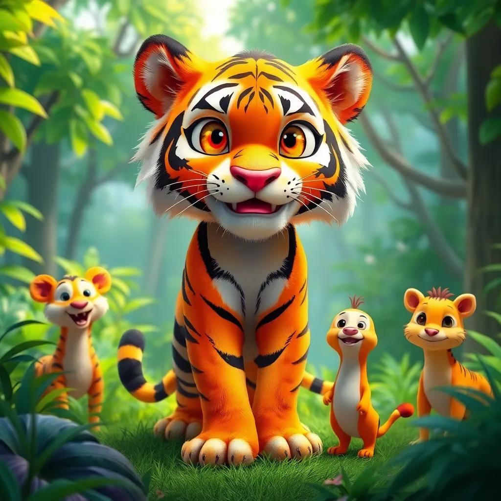 A majestic tiger, Namaro, with bright orange fur and black stripes, standing proudly in a vibrant green forest, surrounded by his animal friends, digital art, colorful, cheerful atmosphere, high quality