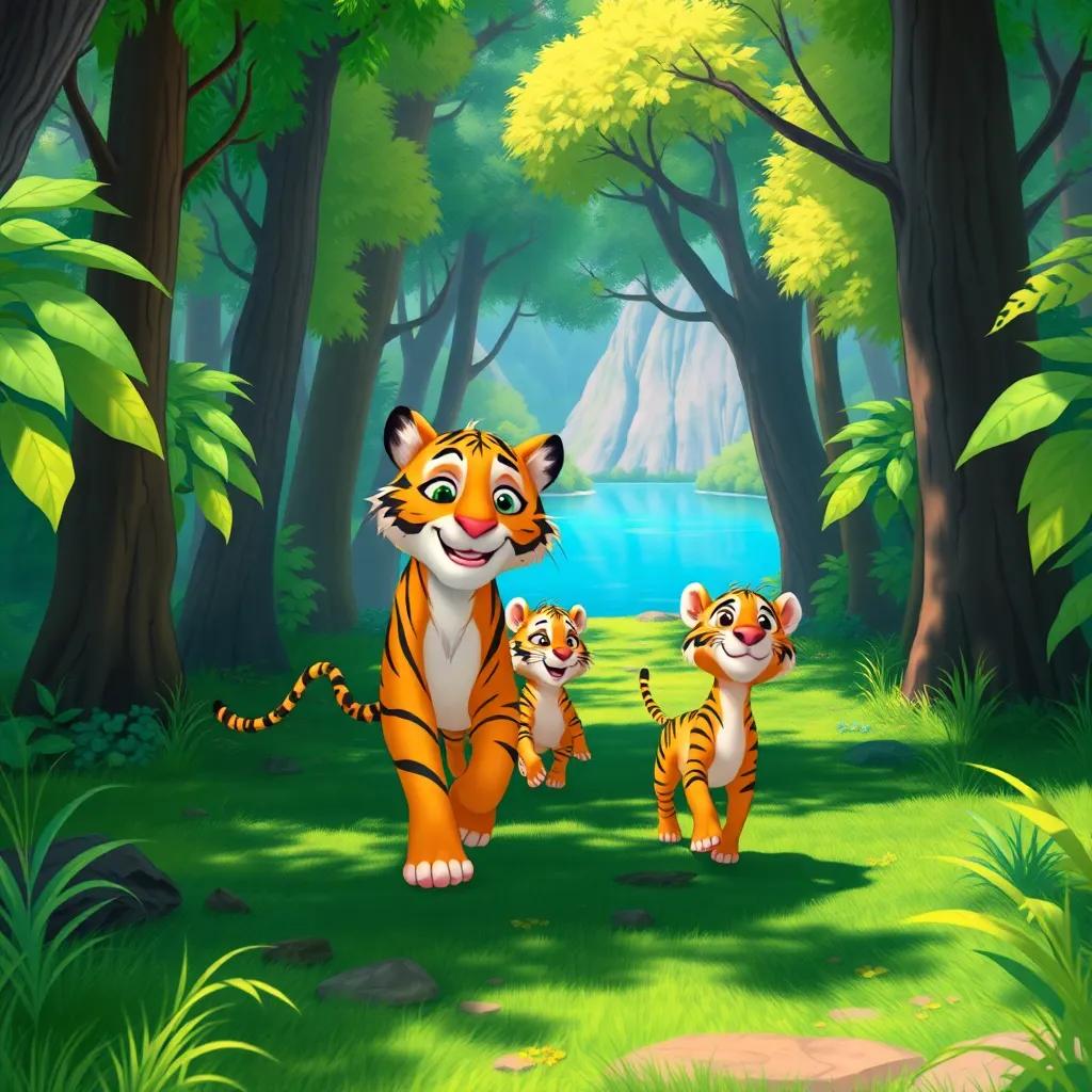 Namaro, the tiger, leading his friends through a lush forest towards a beautiful blue lake, illustration, bright colors, adventurous spirit, child-friendly