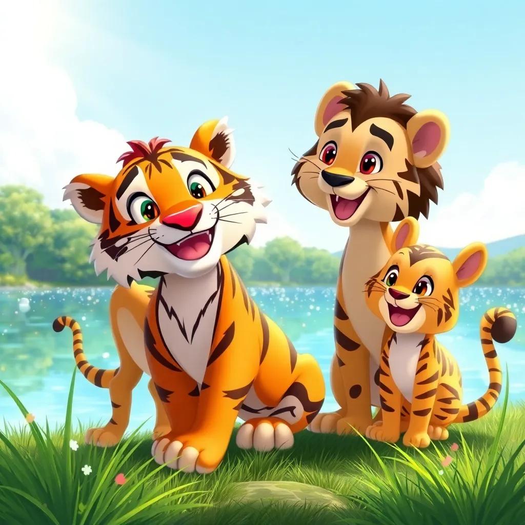 Namaro, the tiger, and his friends play by the lake with sparkling water reflecting sunlight, happy expressions, illustration, vivid colors, joyful scenery