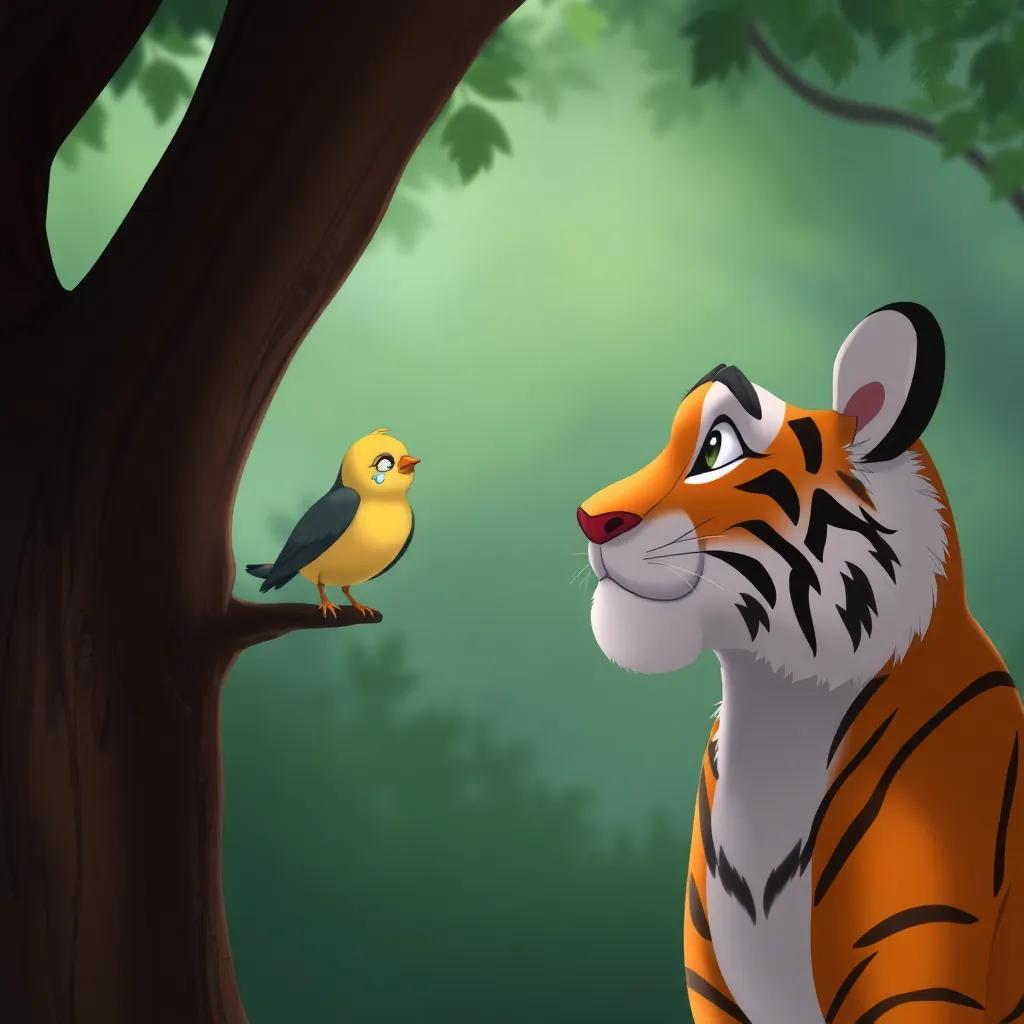 A sad little bird looking down from a tree, with a hint of tears in its eyes, while Namaro the tiger calmly approaches to ask, illustration, expressive, heartwarming moment