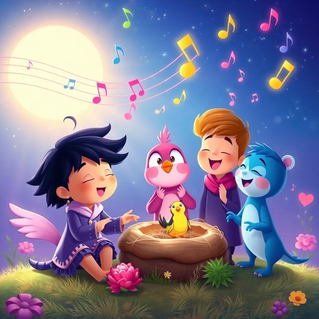 Namaro and his friends singing to help the little bird find its lost nest, with colorful music notes floating in the air, illustration, magical vibe, bright and cheerful