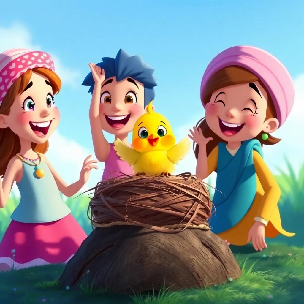 The little bird returning joyfully with its nest, while Namaro and friends cheer with big smiles, illustration, vibrant colors, heartwarming scene