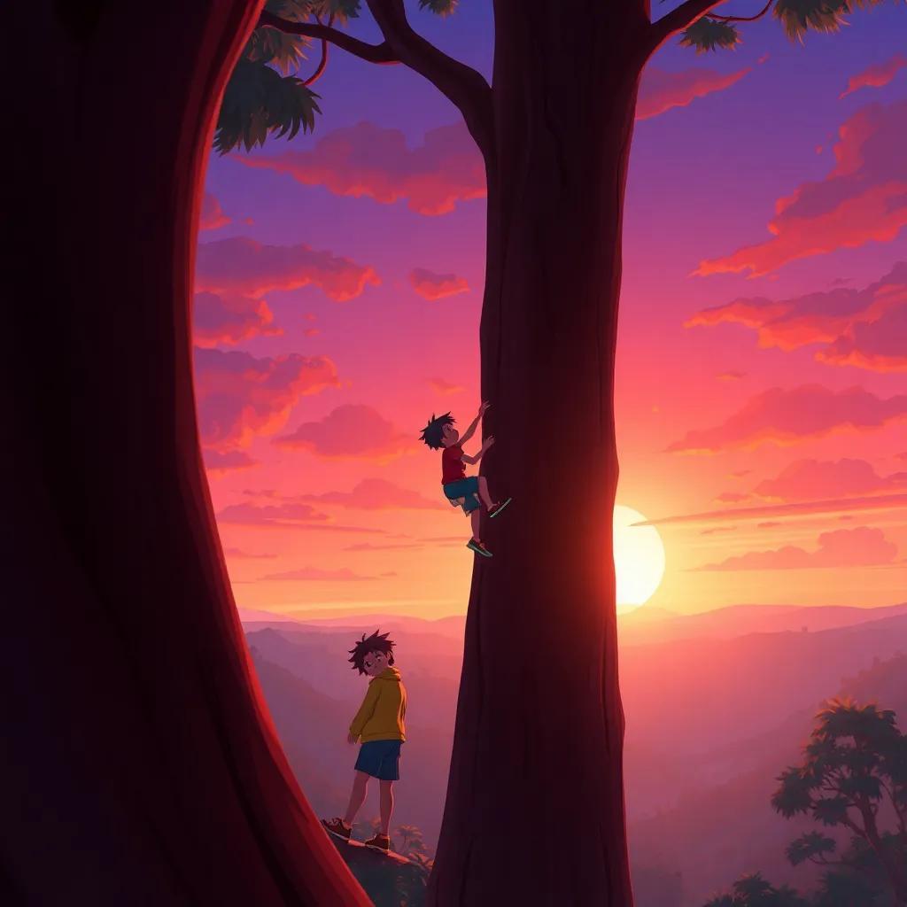 Namaro and his friends climbing to the top of a tall tree, looking out at a beautiful sunset, vibrant orange and purple sky, illustration, adventurous, stunning view