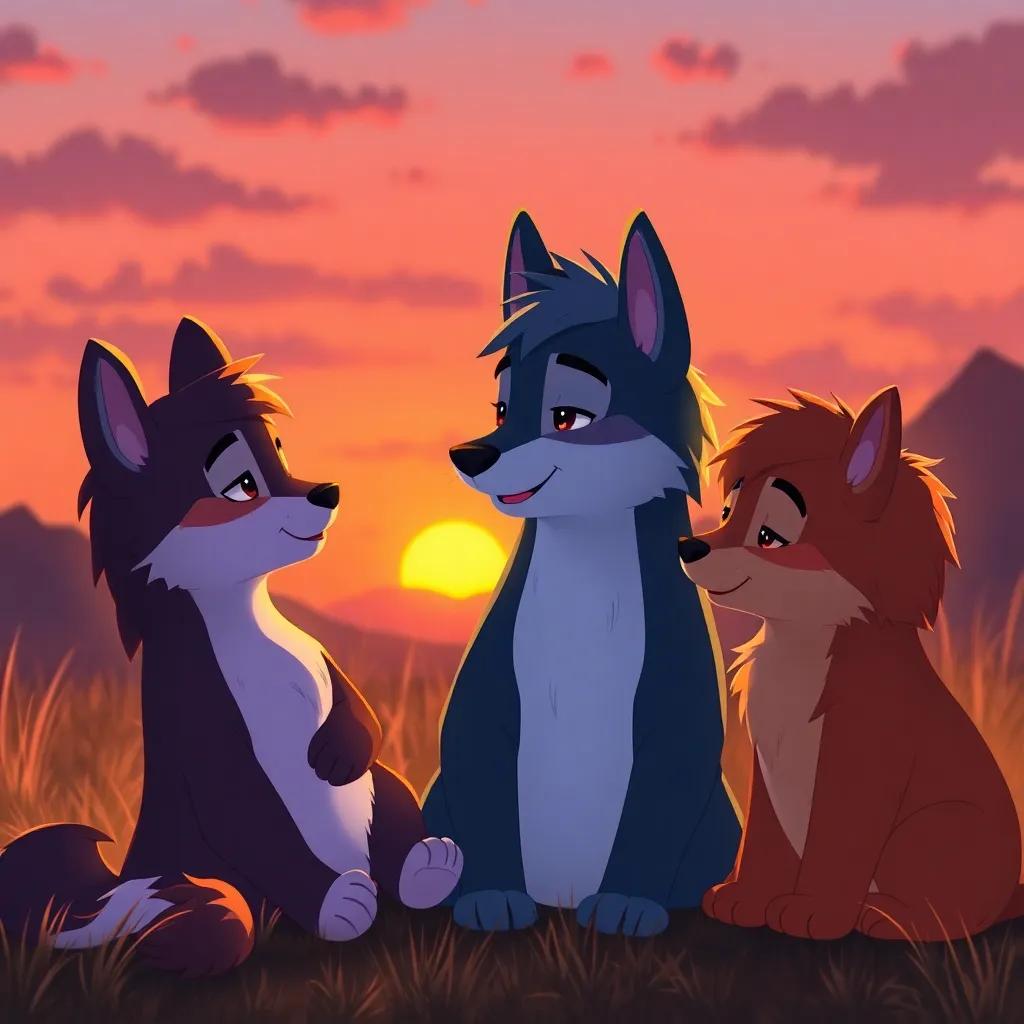 Namaro sharing thoughts with his friends, with the sunset illuminating their fur in warm colors, heartwarming scene, illustration, calming atmosphere