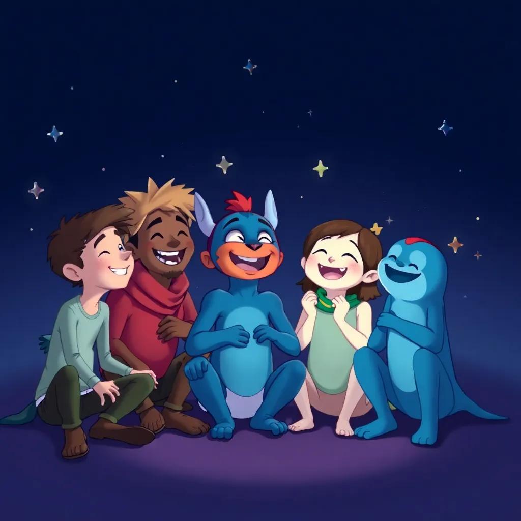 Namaro and his friends gathered together, laughing and remembering their adventures, with sparkles around them, illustration, heartfelt, magical ambiance