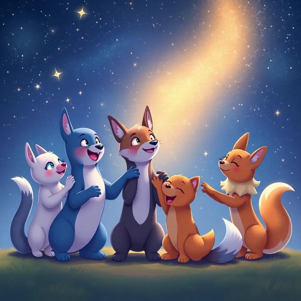 Namaro declaring their bond, with all friends extending their paws together under a starry sky, illustration, dreamy, friendship theme