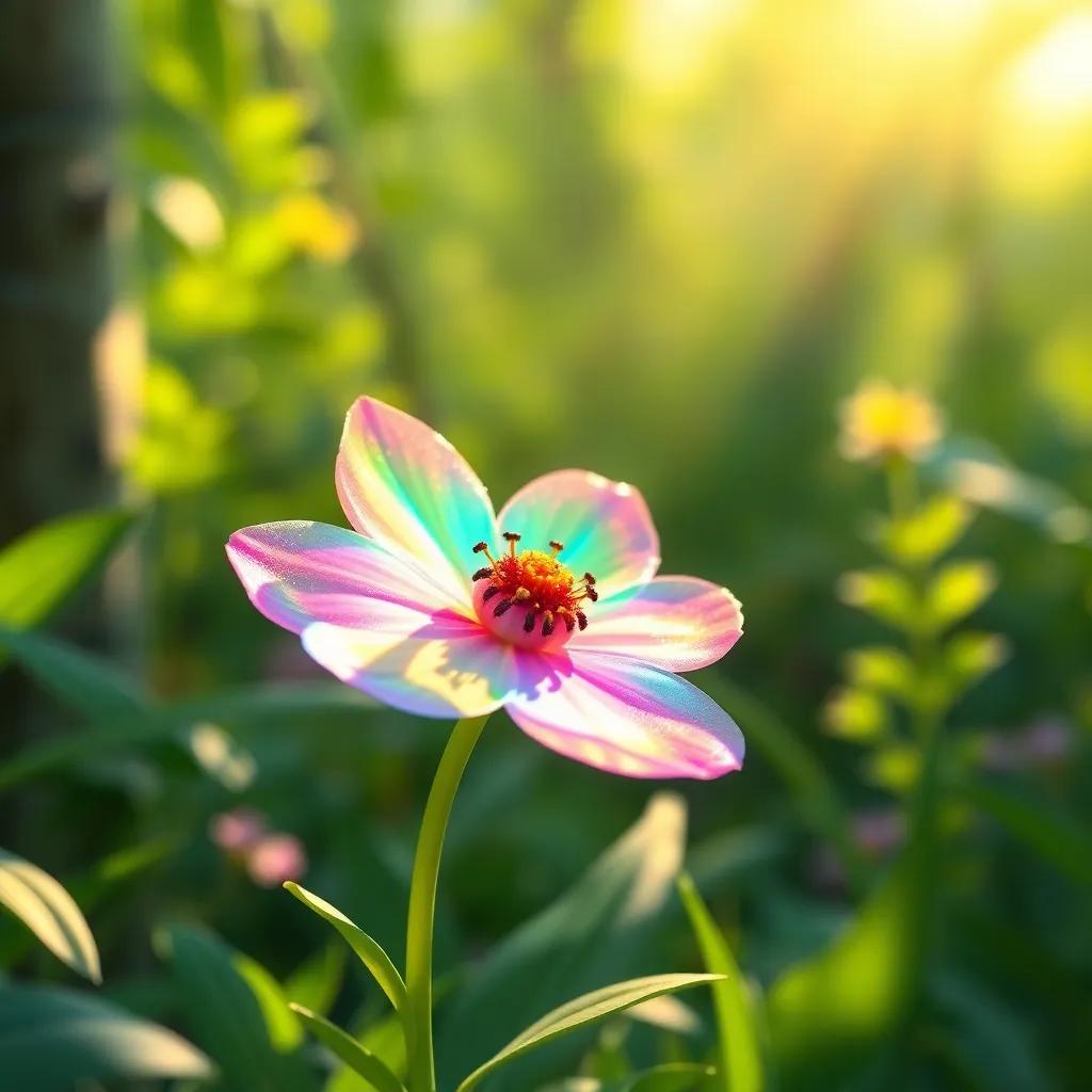 A small flower named Jamal, with transparent petals that change colors like a rainbow under sunlight, in a lush green forest, magical atmosphere, bright colors, children's illustration, enchanting, charming scene