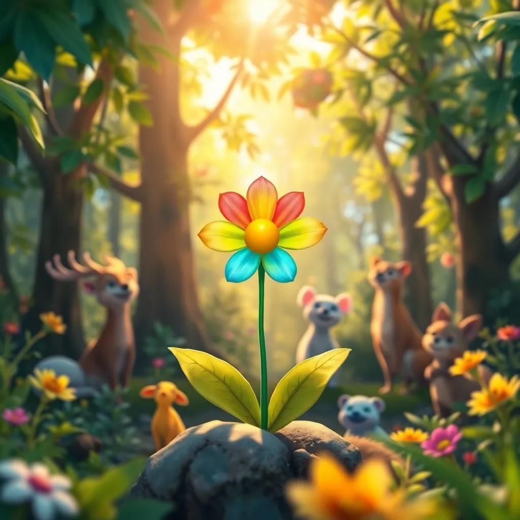 Jamal, the small flower, blooming brightly with rainbow colors, surrounded by curious animals and trees in a joyful forest, warm sunlight filtering through leaves, beautifully vibrant, inviting view, child-friendly art style
