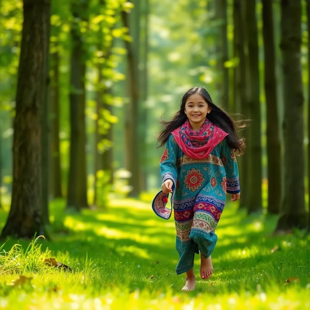 A young Arab girl, Noura, with long, dark hair, wearing a colorful abaya, running happily in a lush green forest surrounded by tall trees and sunshine, joyful atmosphere, vibrant colors, high quality