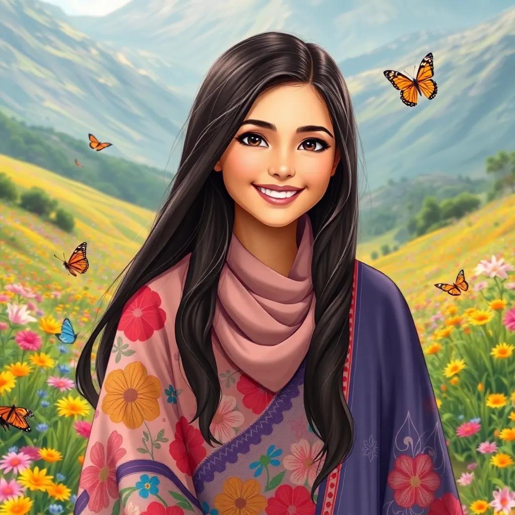 A young Arab girl, Noura, with long, dark hair, wearing a colorful abaya, standing in a beautiful valley with colorful flowers and butterflies, bright and cheerful, friendly expression, detailed illustration, captivating views
