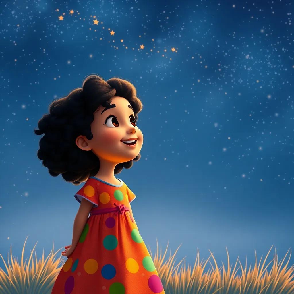 Leila, a small girl with curly black hair in a colorful dress, listening to the whispers of the wind under a starlit sky, joyful, serene, storytelling view, warm light, child-friendly