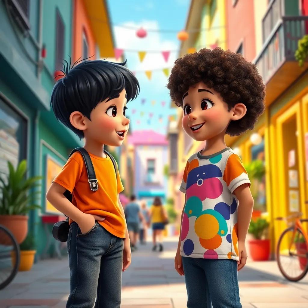 Two children talking in a lively neighborhood near the cultural center, one child with short black hair and jeans, the other with curly hair wearing a colorful t-shirt, digital art, cheerful atmosphere, vibrant colors, child-friendly, high detail