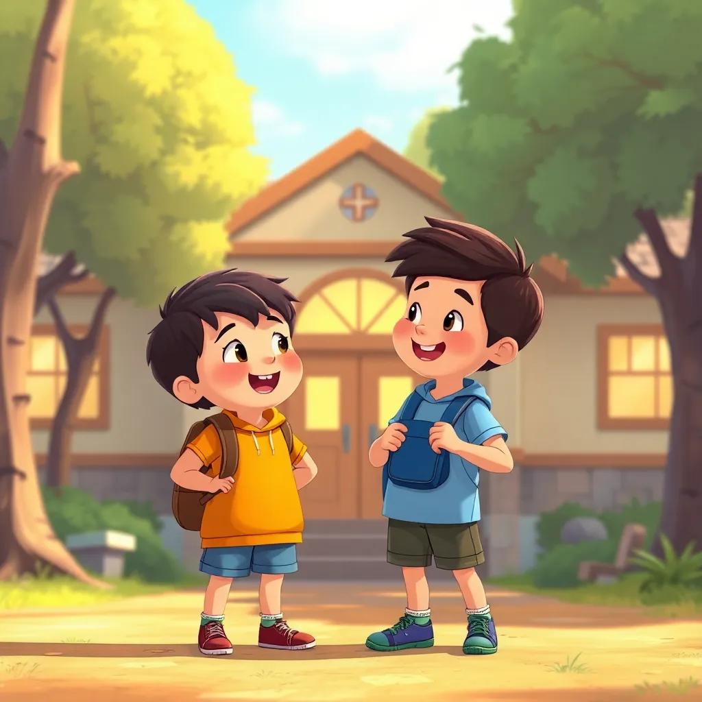 Two children in an animated discussion, standing in front of a community center, surrounded by trees and smiling, illustration, warm light, inviting environment, friendly interaction, high quality