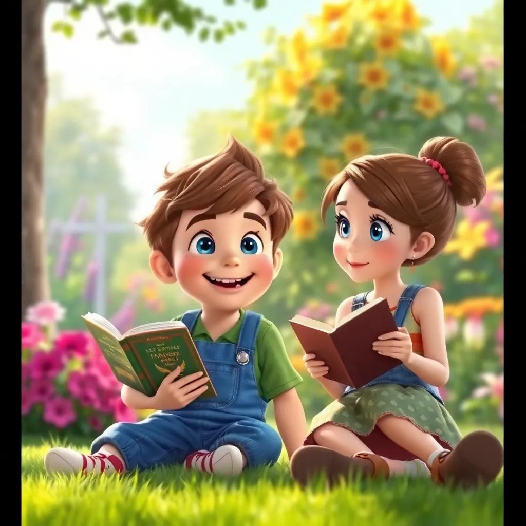 A cheerful young boy, Sami, with brown hair and blue eyes, wearing a green shirt and blue overalls, sitting on the grass in a beautiful garden, talking to a girl reading a book, vibrant colors, sunny atmosphere, high quality