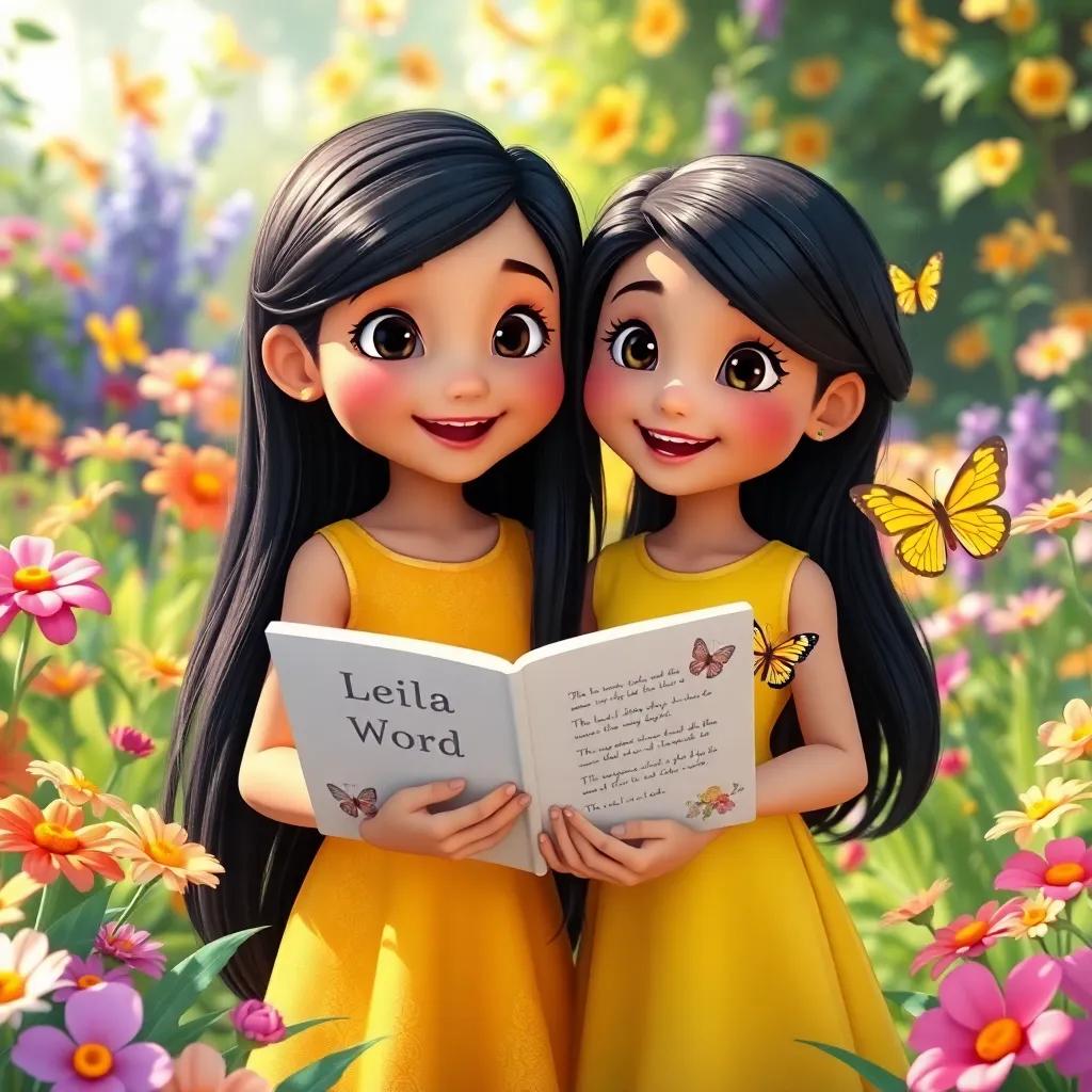 A happy girl, Leila, with long black hair, wearing a yellow dress, standing with Sami in a colorful garden, pointing at a book with words, surrounded by flowers and butterflies, bright colors, friendly vibe, playful mood, high quality