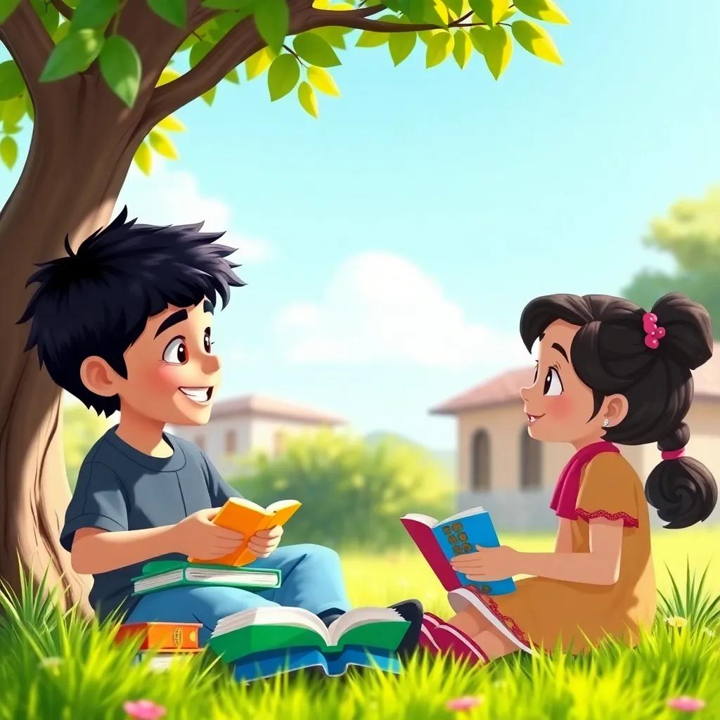 A young Arab boy, Sami, with short black hair wearing a blue shirt, sitting under a tree with colorful books, smiling and talking to a girl, bright sunny day, cheerful atmosphere, digital art, vibrant colors, child-friendly