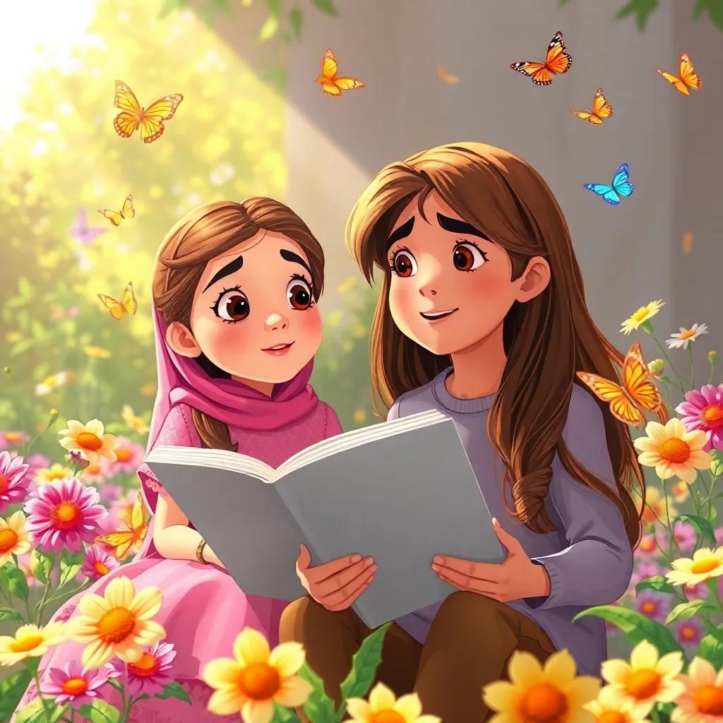 A young Arab girl, Leila, with long brown hair wearing a pink dress, looking amazed while sitting beside a boy with books open, surrounded by bright flowers and butterflies, warm sunlight, joyful scene, illustration, inviting, inspiring