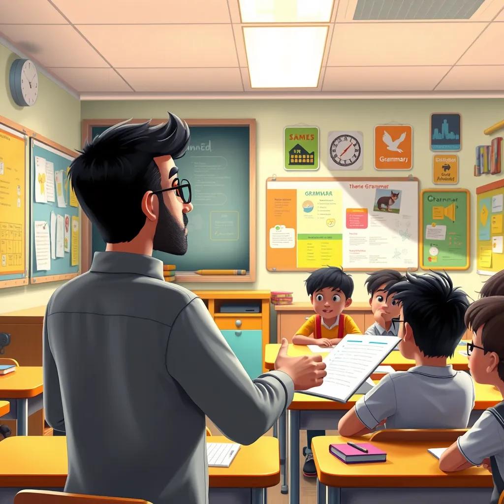 A classroom scene with a male teacher named Ahmed, explaining grammar to attentive students, colorful posters on the walls, bright lighting, cheerful atmosphere, digital art, high quality.