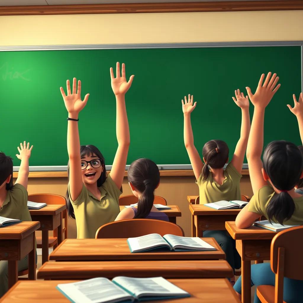 Students sitting at their desks with notebooks, raising their hands, expressing excitement, classroom setting with green chalkboard, detailed, vibrant colors, warm lighting.