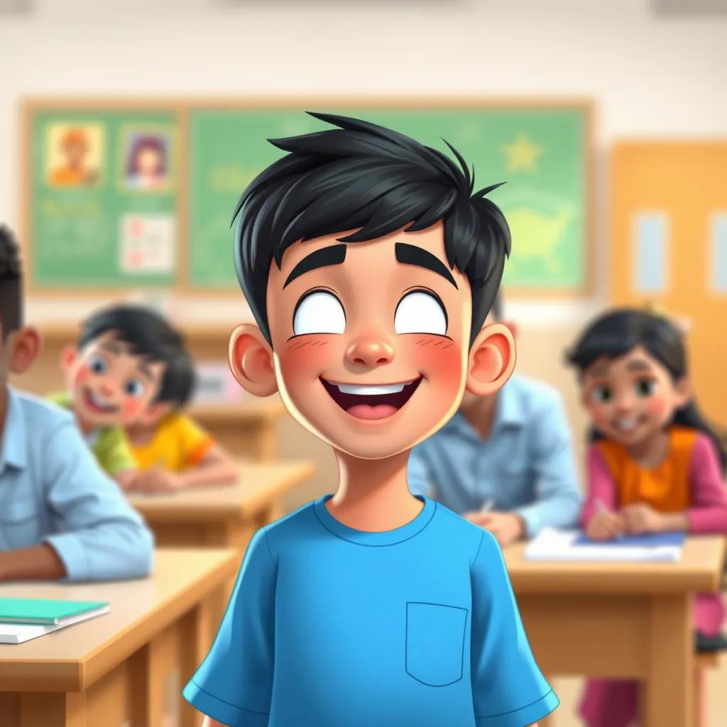 Sami, a young boy with short black hair, wearing a blue shirt, sharing his example about 'مدرسة' becoming 'مدارس', joyful expression, in a classroom, cheerful mood, colorful illustration.