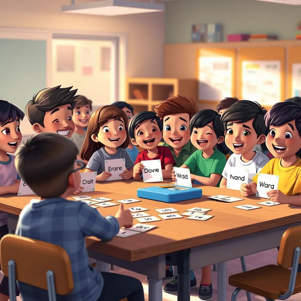 Students playing educational games in the classroom, finding words on cards, laughter and excitement, diverse group of children, warm and inviting lighting, fun atmosphere, digital art, child-friendly.