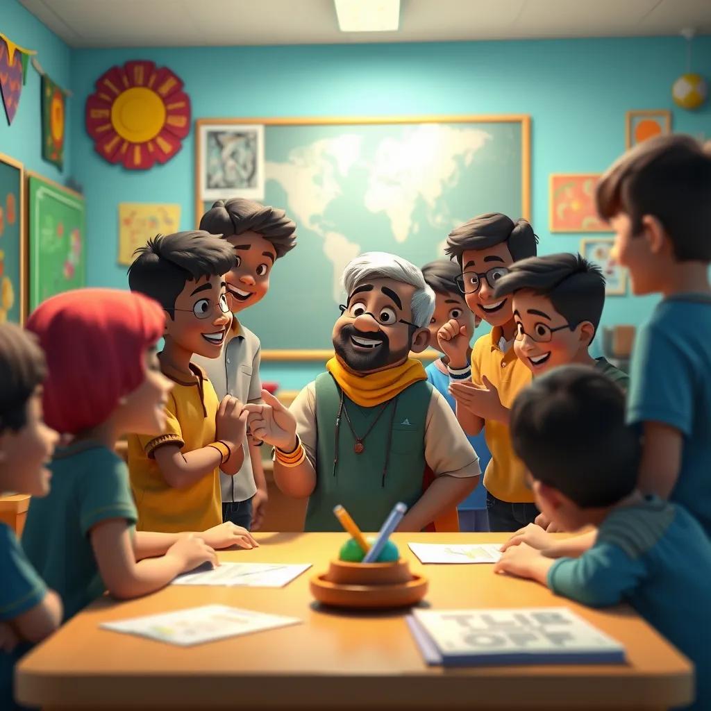 Students gathering around Ahmed, the teacher, thanking him for the lesson, smiles and happiness, classroom setting decorated with colorful art, uplifting ambiance, high quality imagery.