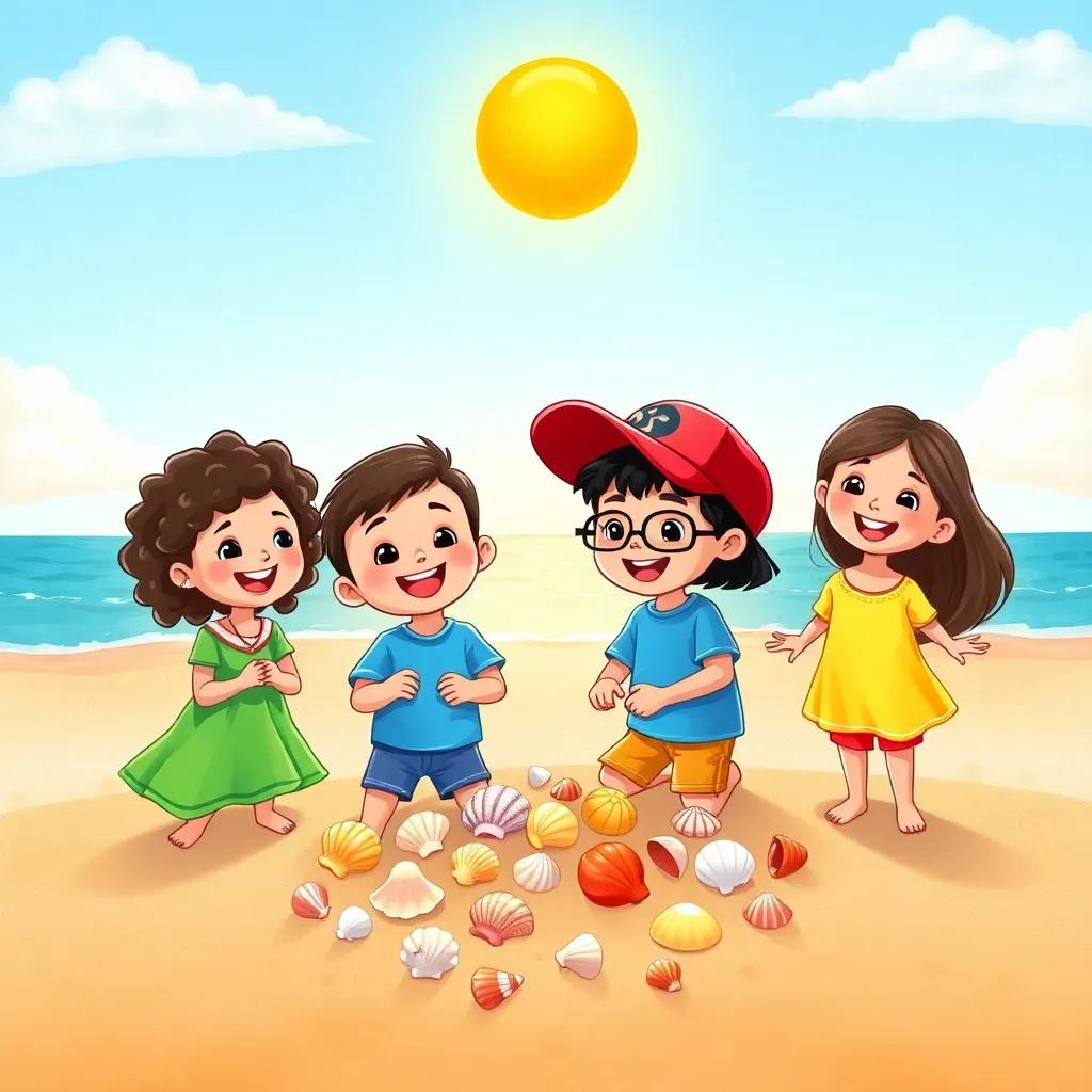 Four children, Leila with curly hair wearing a green dress, Fahd with short hair in a blue t-shirt, Ali with glasses and a red cap, and Sara with straight hair in a yellow top, joyfully counting seashells on the sandy beach, bright sun, happy mood, colorful illustration, bright colors, children's joy, high quality